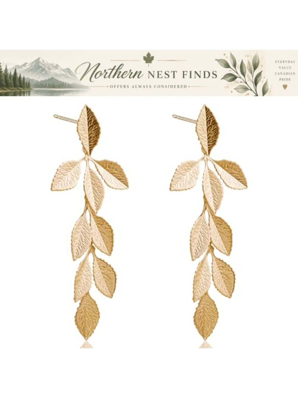 Long Leaf Stud Earrings 14K Gold Plated Dainty Dangling Handmade